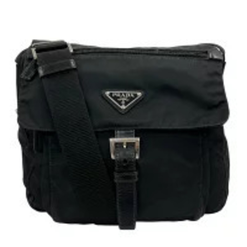 Prada Tessuto Triangle Plate Leather Crossbody Bag Black